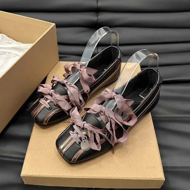 Mary Jane Ballet Flats Ronde Neus Lage Hak Zwart Paars Veters Zilver Metalen Charme Designer Luxe Schoenen Ballerina 'S Damesschoenen