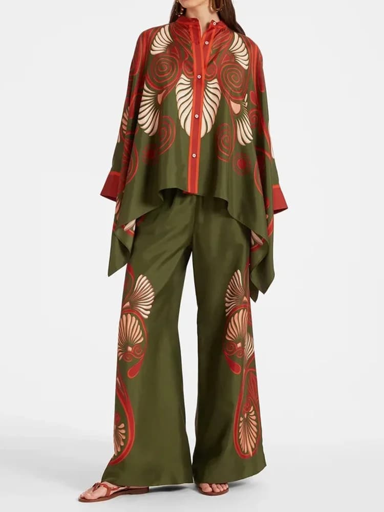Vrouwen Casual Hoge Taille Print Losse Shirt En Broek 2 Stuks Pak Zomer Retro Knopen Top Wijde Pijpen Broek Dames Outfit Streetwear