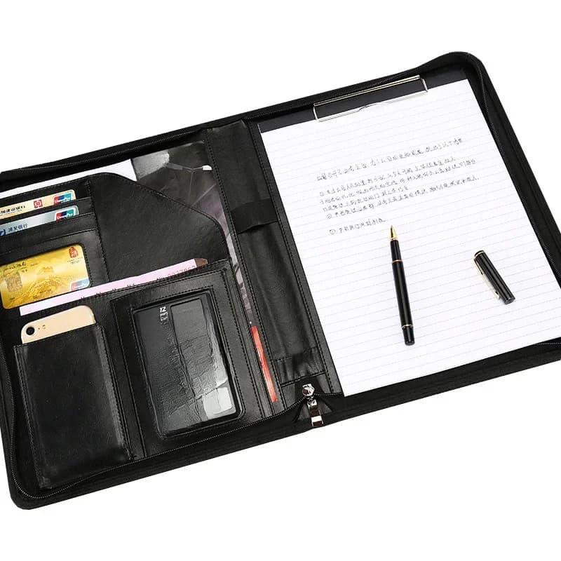 A4 Portfoliomap Lederen Business Organizer Klembordmap met ritssluiting voor documenten, rekenmachine, kantoor, school, conferentie, contracten