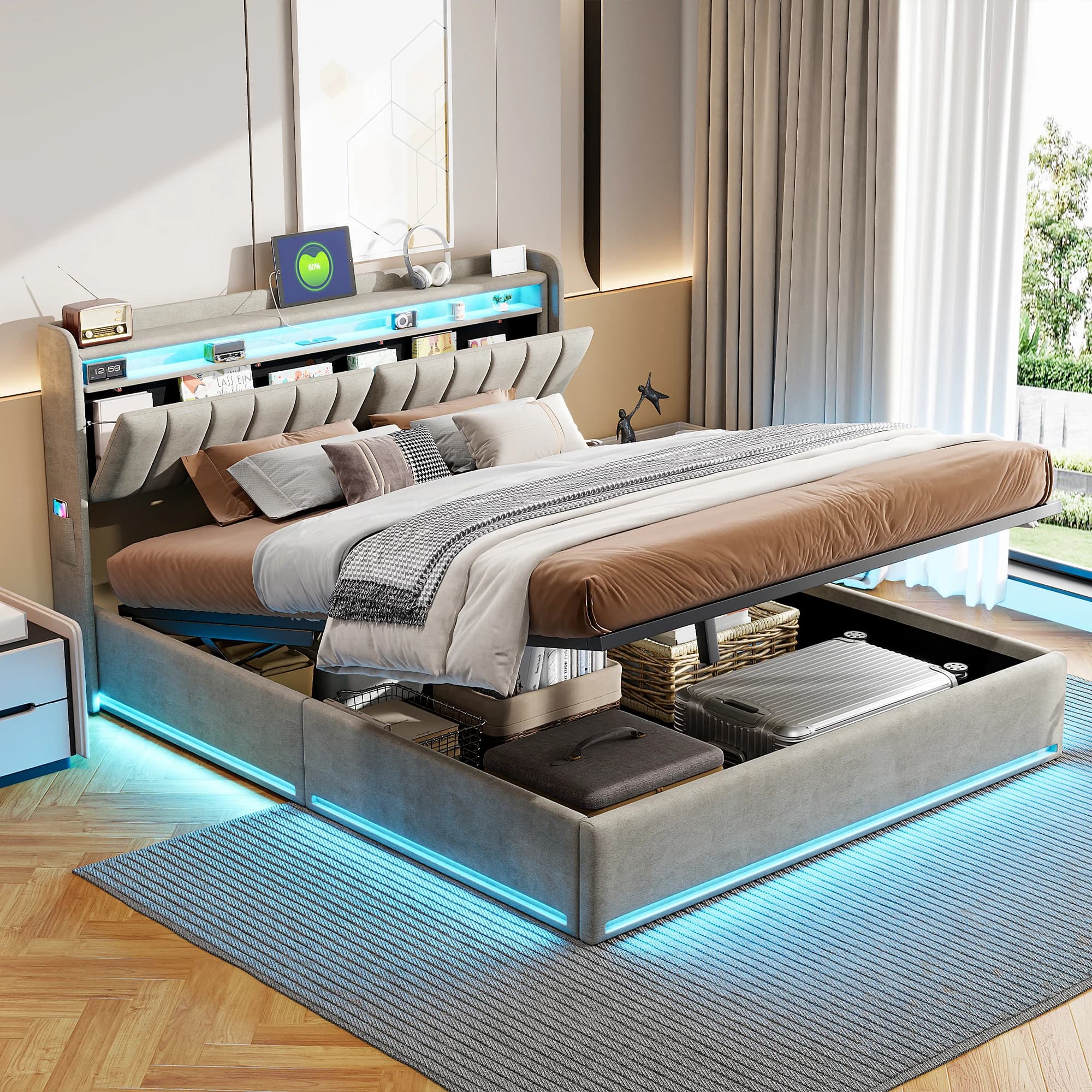90 borstbed/140/160 met LED en USB, bed met LED, tweepersoonsbed met opbergruimte, bed 2-persoonsframe bed, fluweel