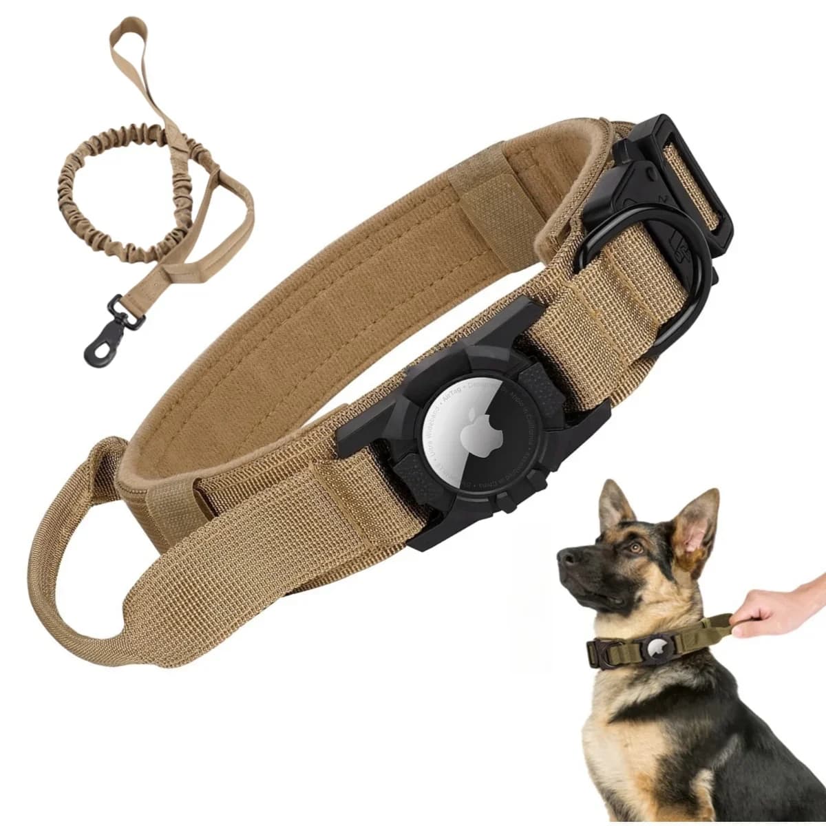 Tactische AirTag-hondenhalsband, met AirTag-houder en handvat, metalen gesp voor militaire honden, verstelbare GPS-halsband voor middelgrote en grote