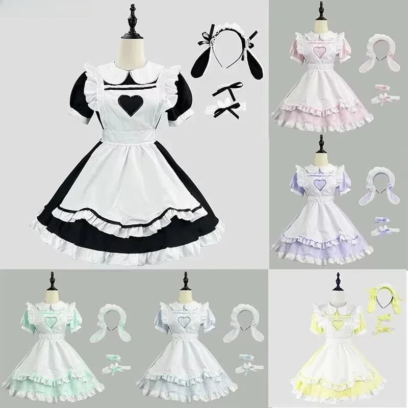 Lolita Jurk Roze Meid Jurk voor Vrouwen Zwarte Korte Mouw Vrouwen Jurk Set Halloween Cosplay Kostuum Party Outfit