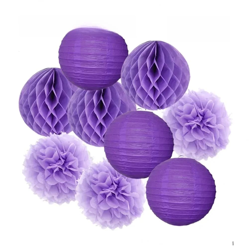 Vouwbare ronde papieren lantaarns honingraat pompom sets paars blauw roze voor bruiloften feestjes doopsels verjaardagen decoratie