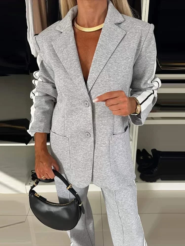 Dames Kantoor Blazer Tweedelige Sets Met Zak Patchwork Broek Lente Herfst Vrouwen Outfits Jas Blazer Bijpassende Broek Broek