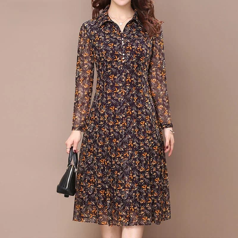 Lange Mouw Jurk Vrouwen Bloemenprint Elegante Kraag Zomer Vrouwelijke Kleding Slanke All-Match Casual Button Midi Jurk gewaad