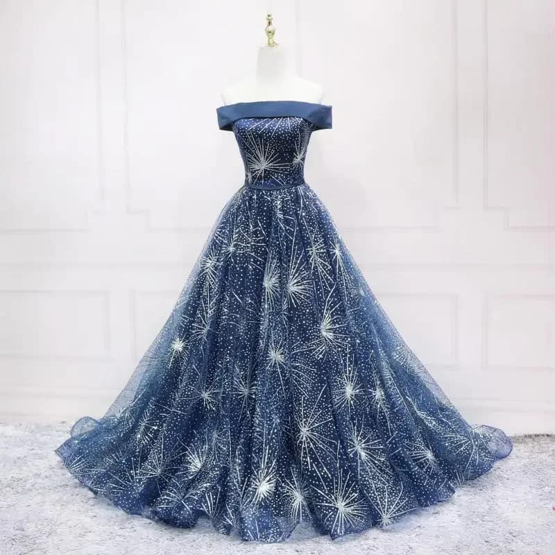 Nieuwe Donkerblauwe Quinceanera Jurken Klassiek Uit De Schouder Tule Party Baljurk Eenvoudige Mode Pailletten Shining Banket Vestidos