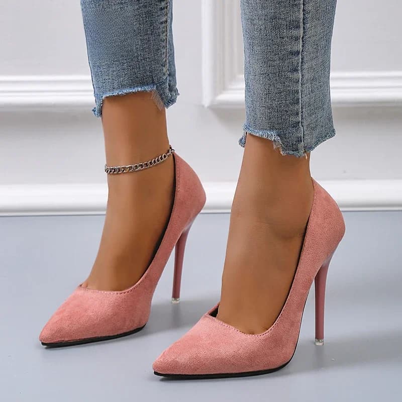 Aphixta 4.72 Inch Super Hoge Stiletto Hakken Pumps Vrouwen Solid Office Flock Puntschoen Party Schoenen Vrouw Plus Grote Maat 44 45