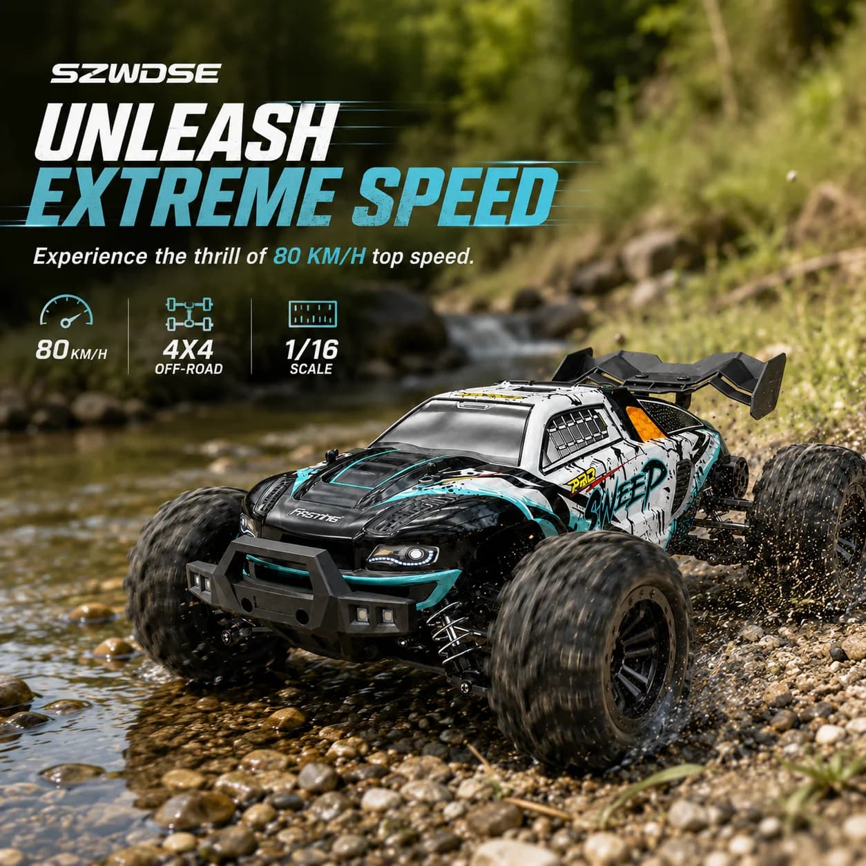 SZWDSE 1:16 Schaal 4WD Off-Road RC Auto, Geborstelde motor 50KM/H & Borstelloze motor 80KM/H Hoge Snelheid All Terrain Drift Buggy Truck,