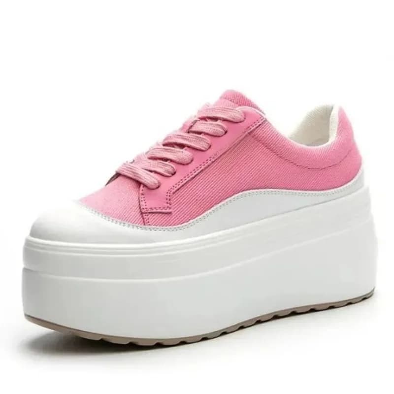 8 cm Nieuwe Canvas Echt Leer Vrouwen Roze Mode Sneakers Platform Schoenen Wedge Verborgen Hak Dames Zomer Gemengde Kleur Vulcaniseer