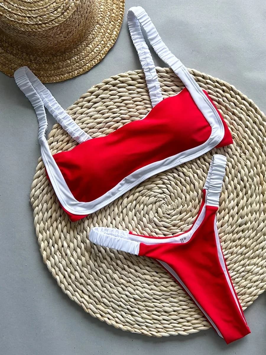 Splicing Micro Thong Bikini Vrouwen Bandeau Badmode Vrouwelijk Badpak Tweedelige Bikini Set Hoge Cut Bader Badpak Swim Lady