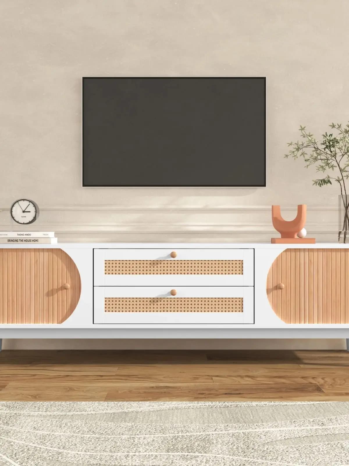 TV-garderobe-Natural Wood-Blend TV-garderobe met deuren en laden. Natuurlijke landhuisstijl