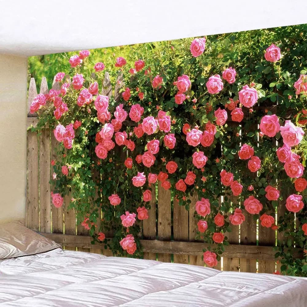 Lente Bloemen Hout Hek Wandtapijt Natuur Roze Roos Plant Bloem Muur Opknoping Tuin Raam Landschap