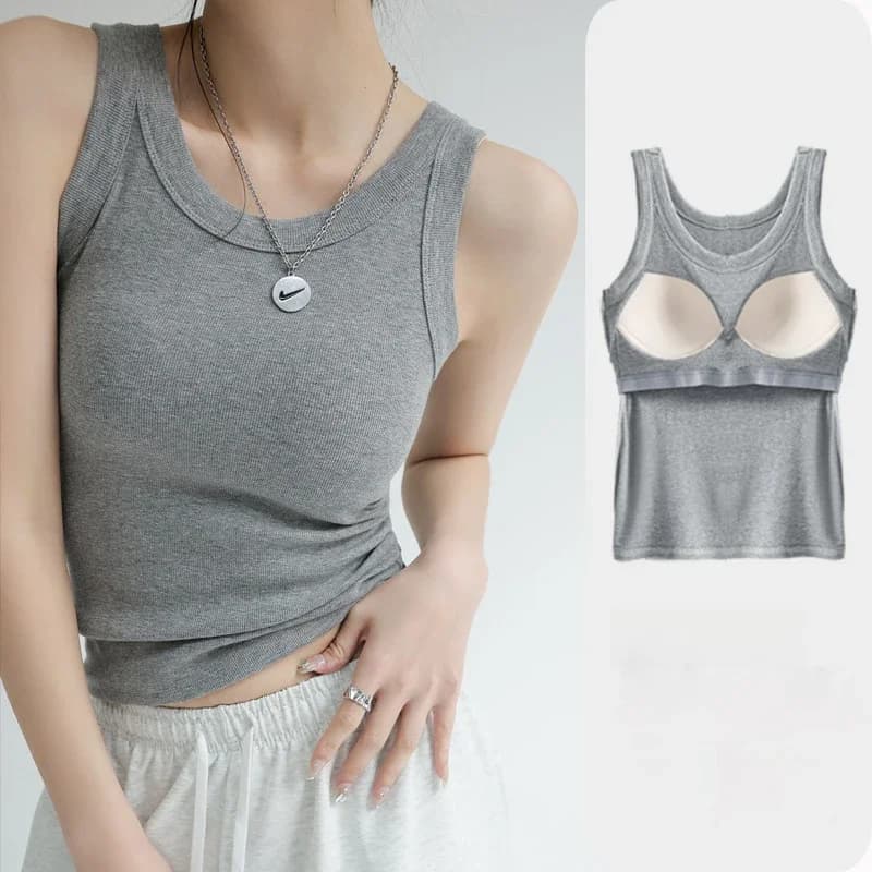 Modal Geribbeld Hemdje met Gewatteerde Buste Vrouwen Mouwloos Hemd Zomer Effen Kleur Bovenkleding Verhullende Zijdecolleté C4875