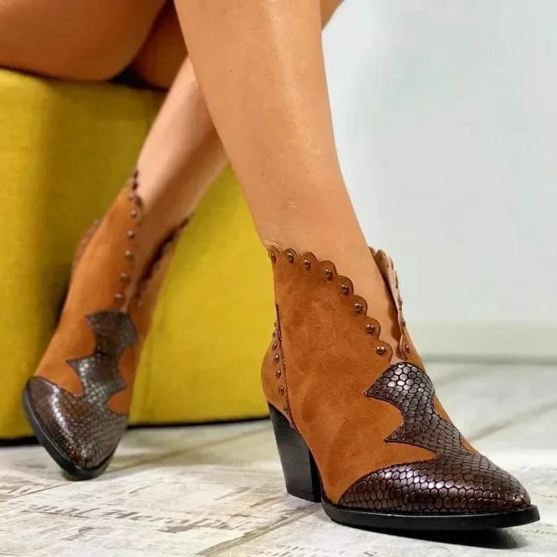 Vrouwelijke herfst winter kant PU lederen cowboy enkellaarsjes slangenprint westerse cowgirl laars dames wedge hoge hak laarsjes