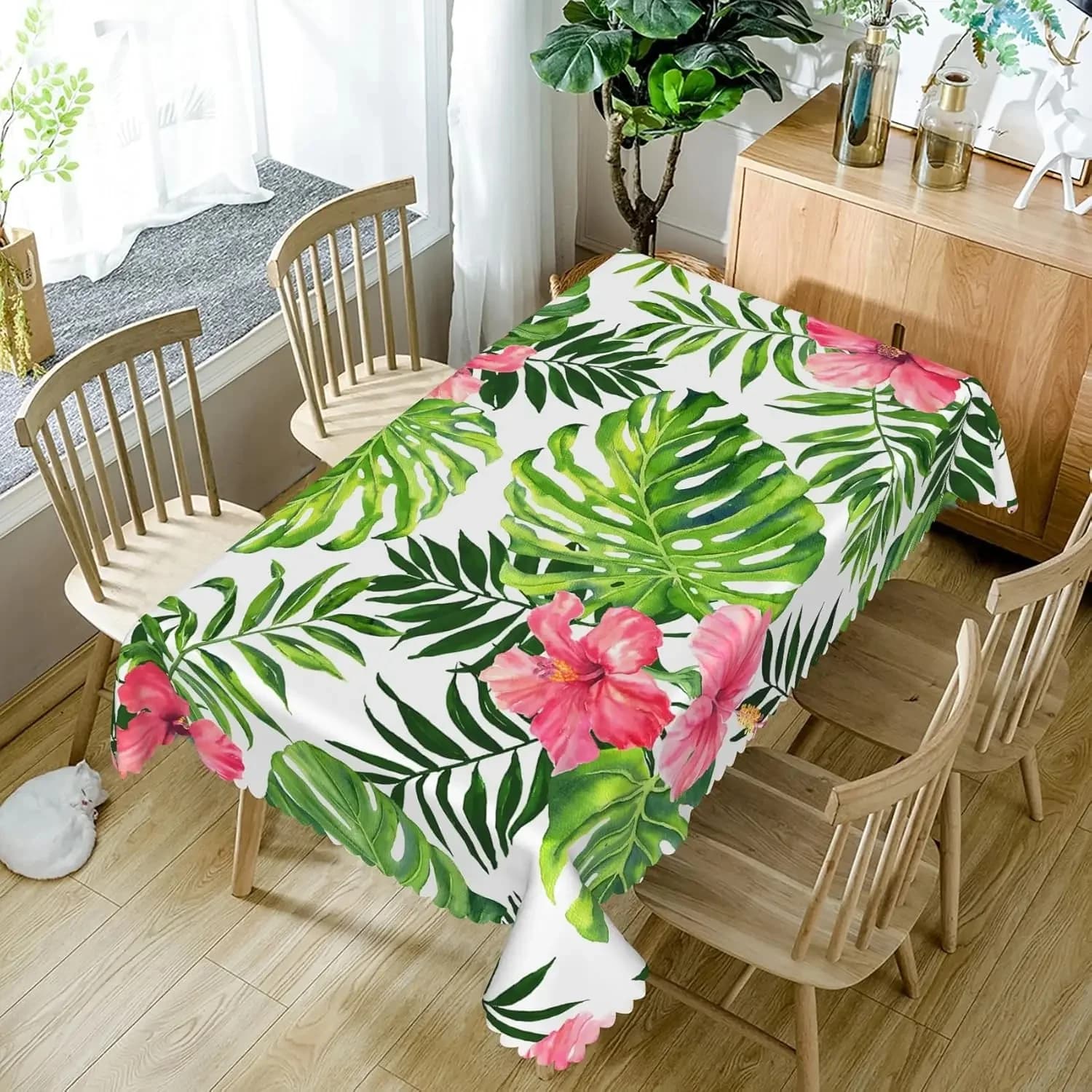Groene palmbladeren tropische bloemen tafelkleed picknick party decor zomer Hawaiiaanse planten rechthoek tafelkleed eettafel decor