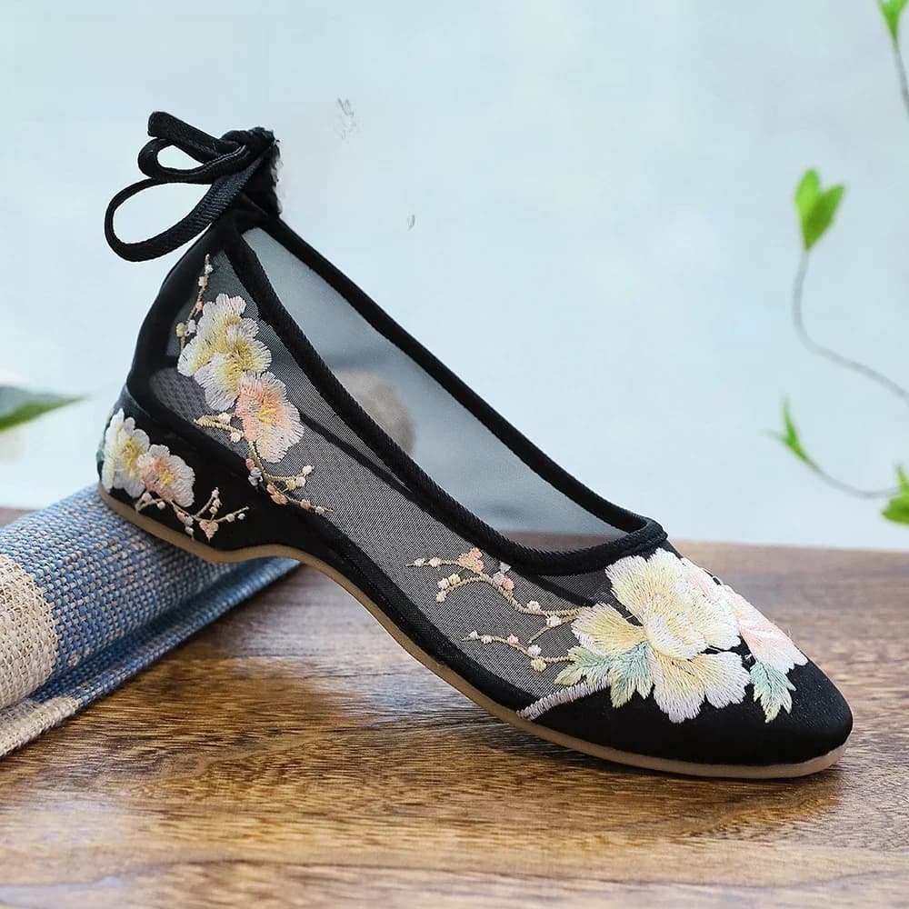 Veowalk Lange enkelband Zomer Dames Gaas Mesh Geborduurde Ballet Flats Ademende comfortabele wandelschoenen voor elegante dame