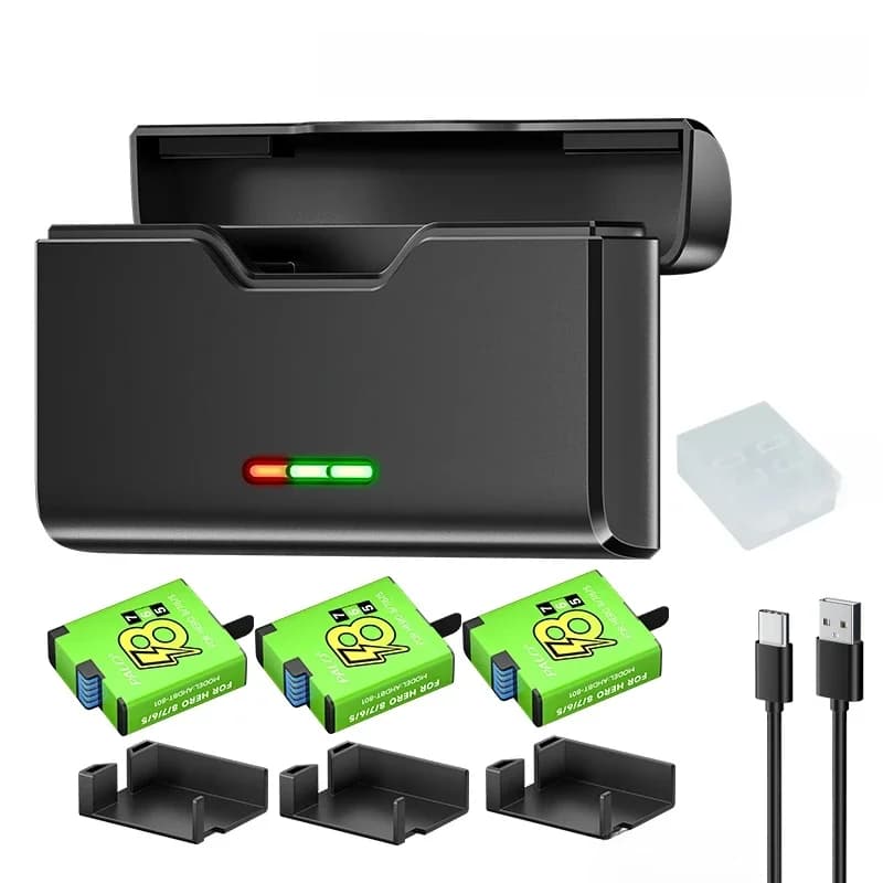 Voor GoPro 8 Hero 7 Hero 6 Hero 5 Batterij + 3-Slots Opbergdoos Oplader met Type C Voor GoPro 12 11 10 9 8 7 6 5 Camera Batterij