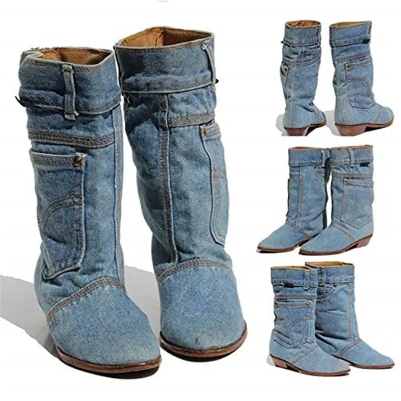 hotlow hak denim casual denim laars dames herfst winter cowboylaarzen