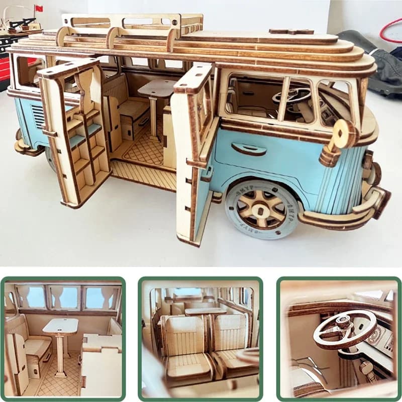 Retro Bus Europese stijl Camper 3D Houten Auto Puzzel DIY Zeilschip Vliegtuig Gebouw Huis Model Jigsaw Speelgoed voor Kinderen