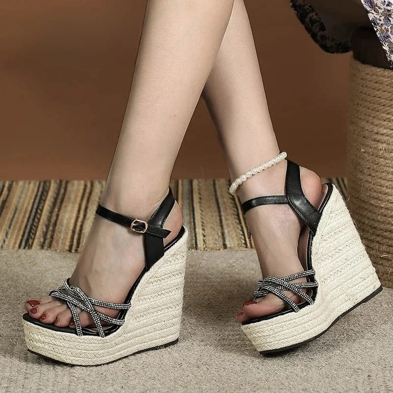 Liyke Maat 34-42 Wiggen Schoenen Voor Vrouwen 2026 Mode Kristal Smalle Band Open Teen Platform Hoge Hakken Sandalen vrouwelijke Zwart Wit