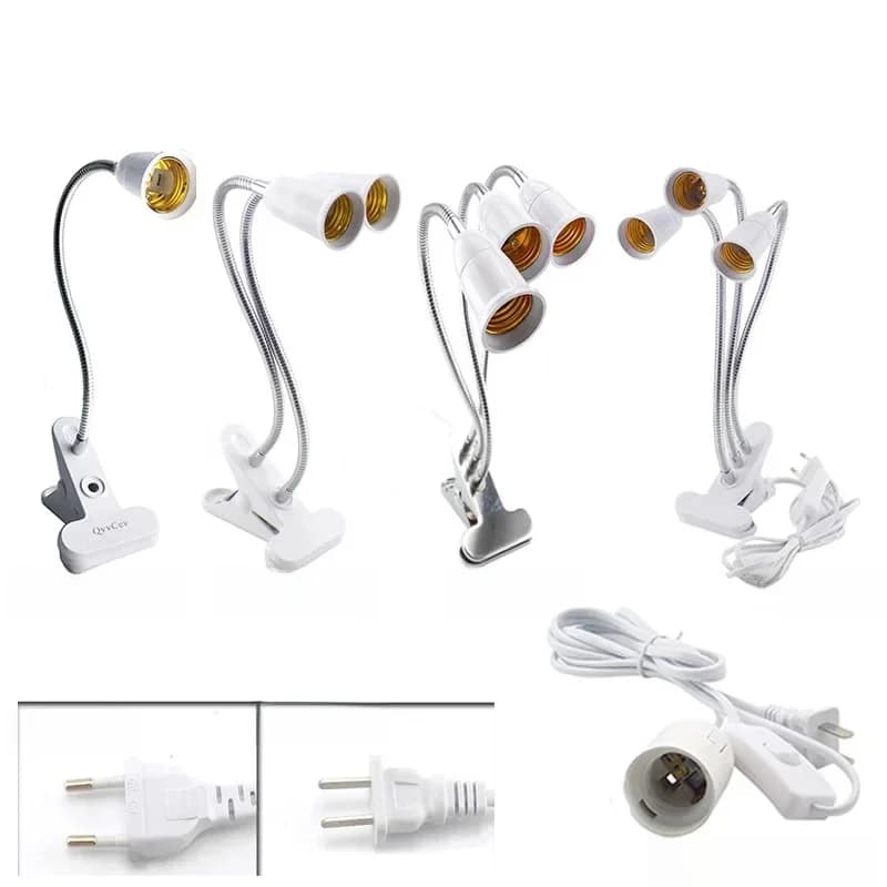 E27 Socket Flexibele Led Lampen Base Single/Dual/3 Heads Clip Houder Ac Power Kabel Met Op/Uit Schakelaar Voor Plant Groeien Licht