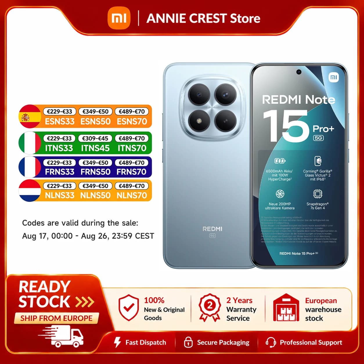 Xiaomi Redmi Note 15 Pro Plus 5G smartphone, 6,83-inch CrystalRes AMOLED-scherm, NFC, 6500 mAh batterij, 200MP hoofdcamera, Xiaomi HyperOS, octa-core