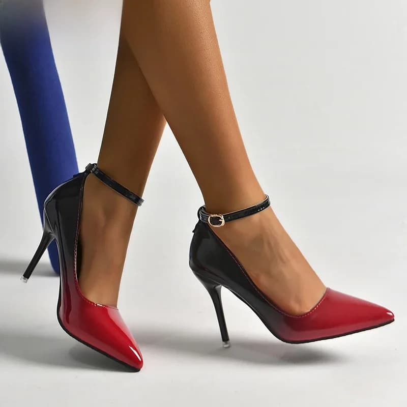 Aphixta Nieuwe 10 cm Stiletto Hakken Gradiënt Pompen Vrouwen Schoenen Lakleer Enkelbandje Super Hoge Puntschoen Super Grote 48 49 50