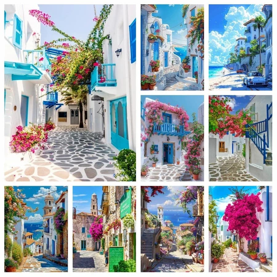 Schoonheid Blauw Griekenland Santorini En Mykono Eiland Landschap 5d Volledig Diamant Schilderij Kunst Egean Zee Landschap Kruissteek Decor
