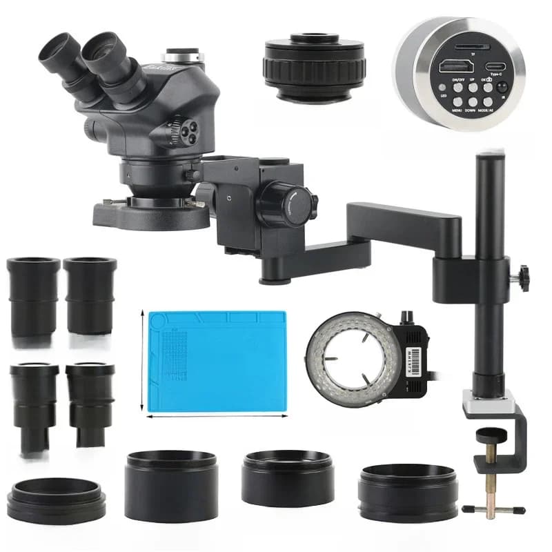 Klem opvouwbare verlengingstype basis + 3,5X-200X zoom stereo trinoculaire microscoop + 1080P 48MP 4K 2K HDMI USB TF videocameraset