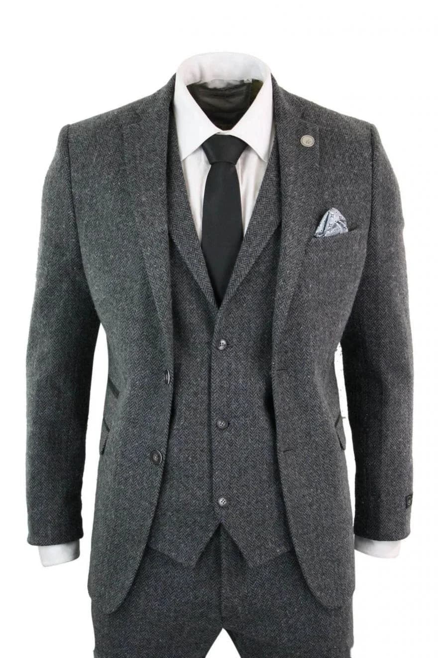 Grijze 3-delige bruiloft smoking met gekerfde revers, twee knopen, visgraat tweed, formele herenpakken, op maat gemaakt, Peaky Blinders bruidegom