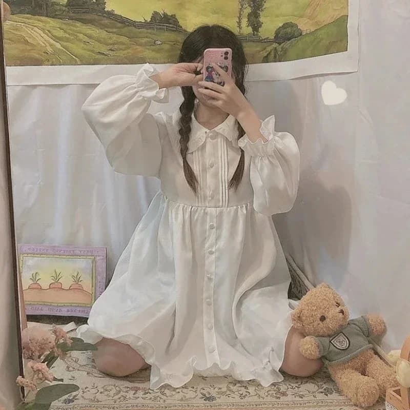 Japanse Zoete Meisje Lolita Jurk Wit 2021 Zomer Kawaii Peter Pan Kraag Leuke Ruche Bladerdeeg Mouw Jurk Elegante Dame Jurken