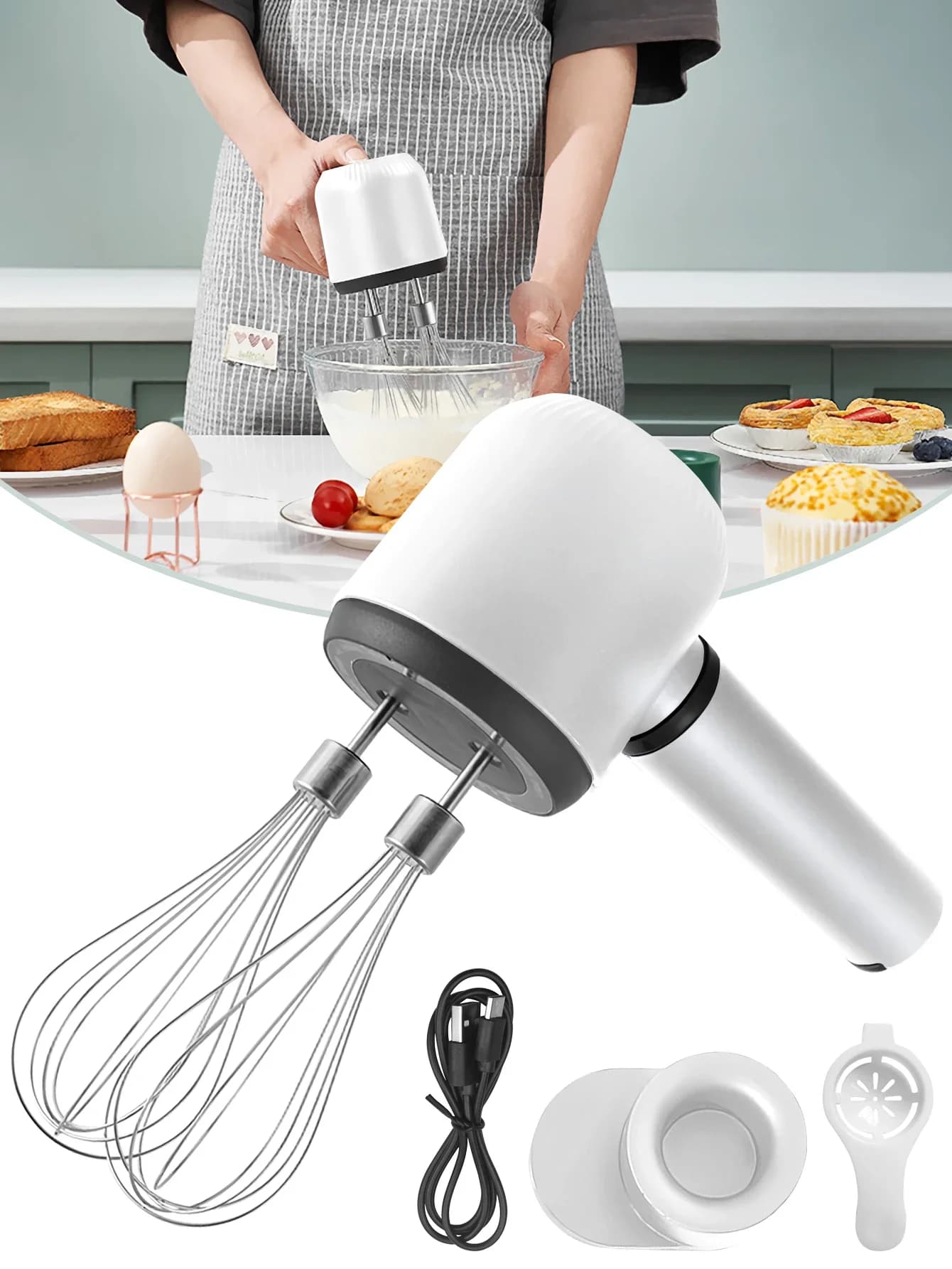 USB oplaadbare elektrische handblender Draadloze draagbare handgarde Oplaadbare 3-snelheden en 2 garde voor het bakken van garde Melkcrème