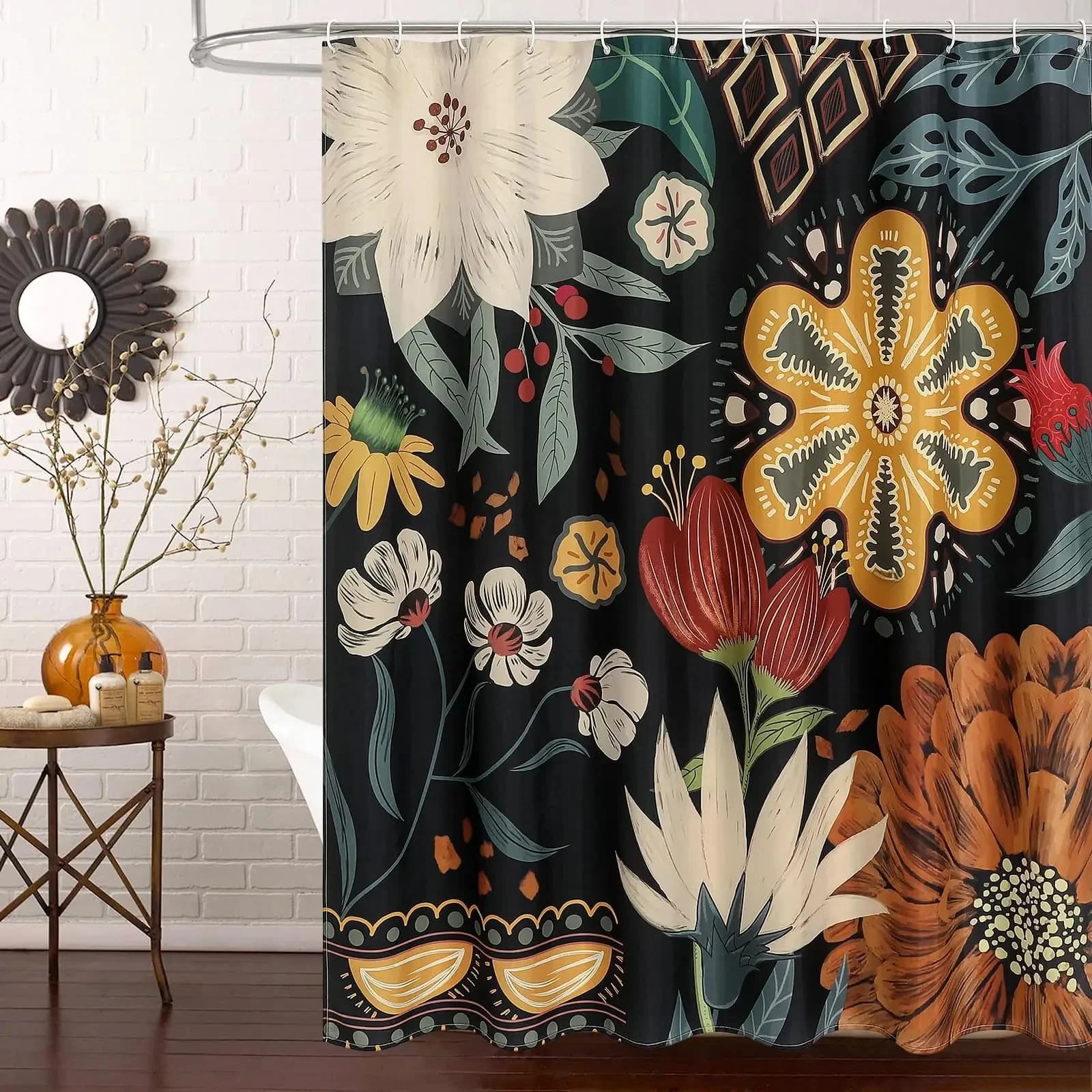 Boheemse Bloemen Douchegordijn, Tropische Bladstof Douchegordijn, Chique En Elegante Badkamer Decor, Moderne Boerderij Abstracte Kleurrijke Bloemen