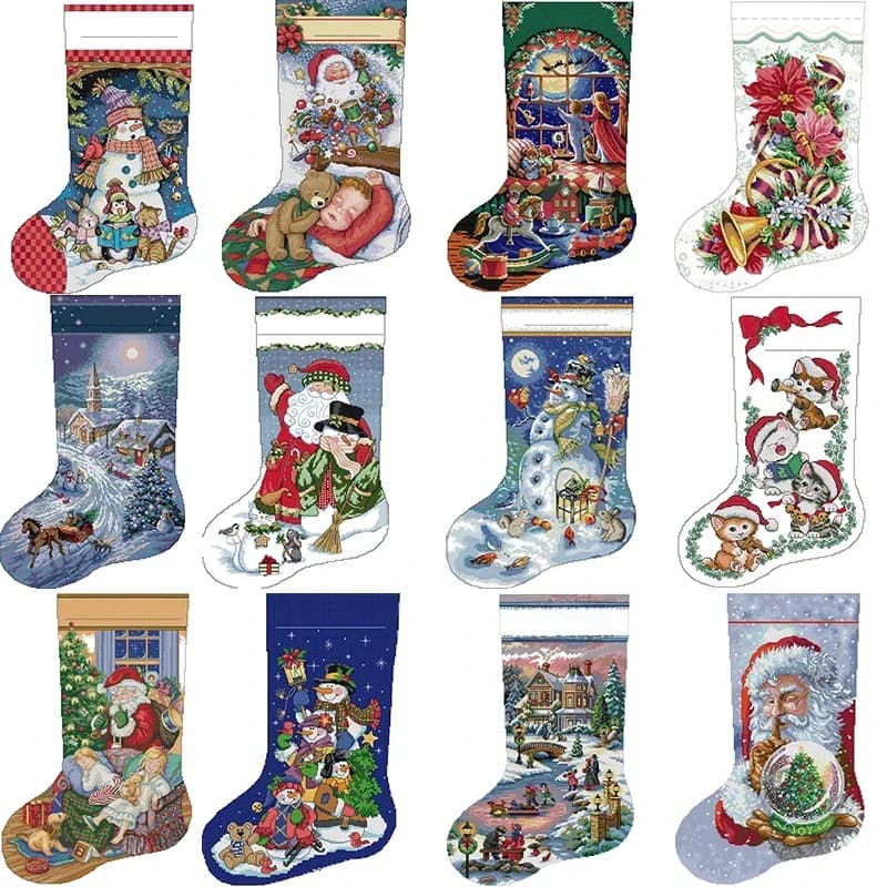 Kerstsok Serie NKF Cartoon Patroon Borduurpakket 14 16 11CT Witte Telling Canvas Set DIY Borduren Home Decor geschenken