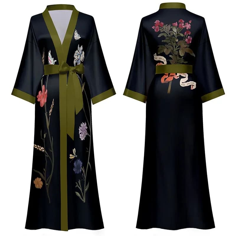 Zwarte Print Bloem Lange Gewaad Nachtjapon Lente Zomer Half Mouw Kimono Badjas Jurk Vrouwen Sexy Rayon Thuis Jurk Loungewear