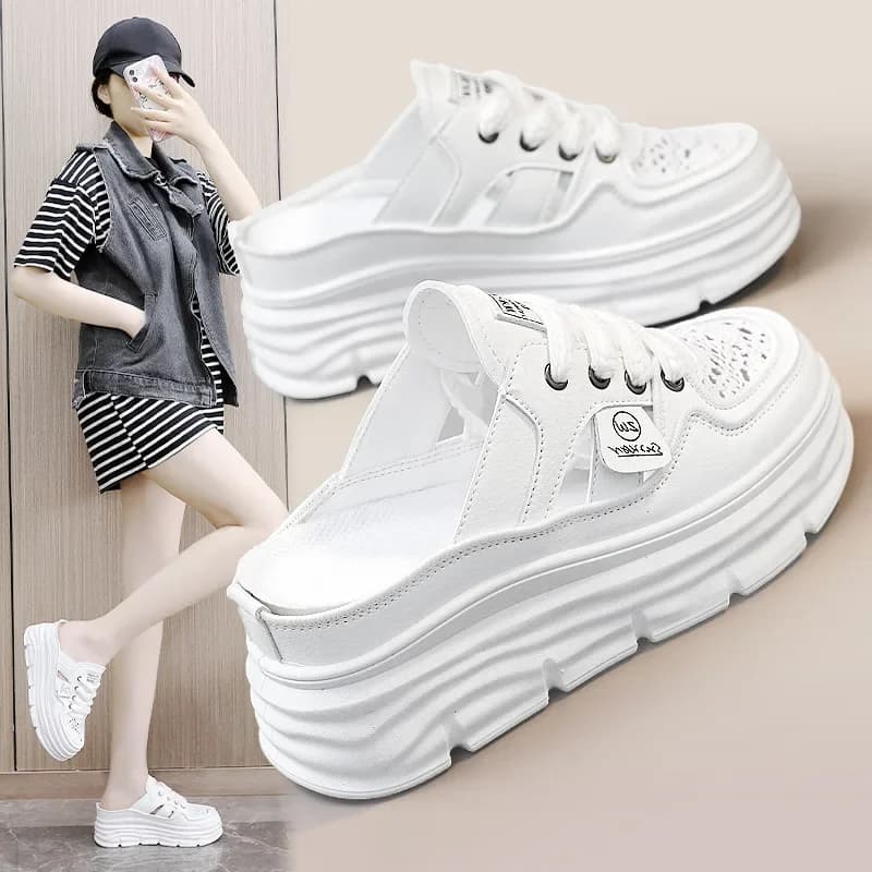 Zomer Nieuwe Damessandalen Mode Ademend Verhogen Baotou Semi-slippers Vrouwen Kleine Witte Schoen Sexy Jurk Sandalen Zapatillas