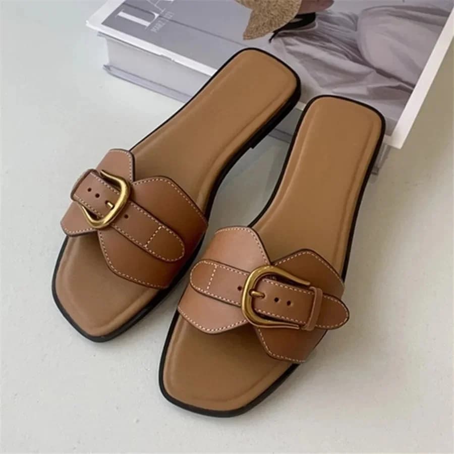 Slippers voor Vrouw 2025, Zomer Strand Flats Dames Gesp Slides Gladiator Sandalen Luxe Lederen Muilezels Zapatos Mujer