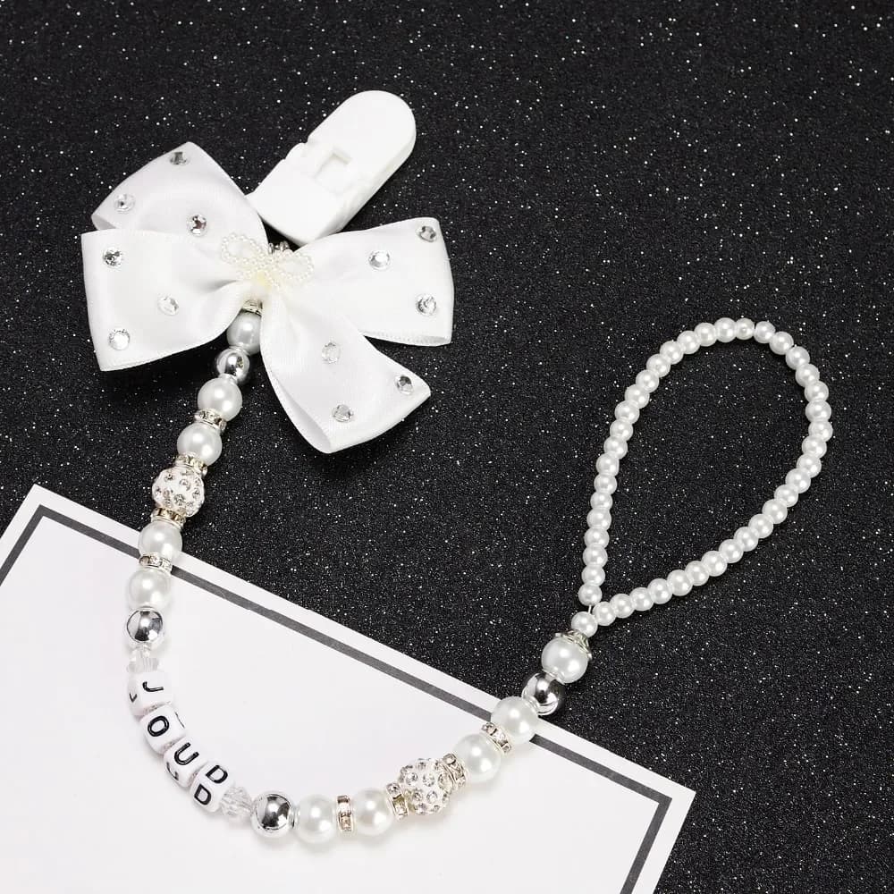 MIYOCAR Elke naam Bling zilveren strass strik roze en zilveren kralen dummy clip houder fopspeen clips houder/bijtringen clip