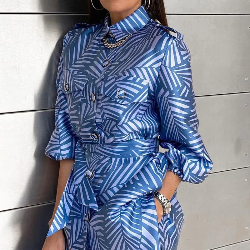 Vintage losse kantooroutfits lente nieuwe print tweedelige set damesmode shirt met lange mouwen en broek met rechte pijpen feestpak