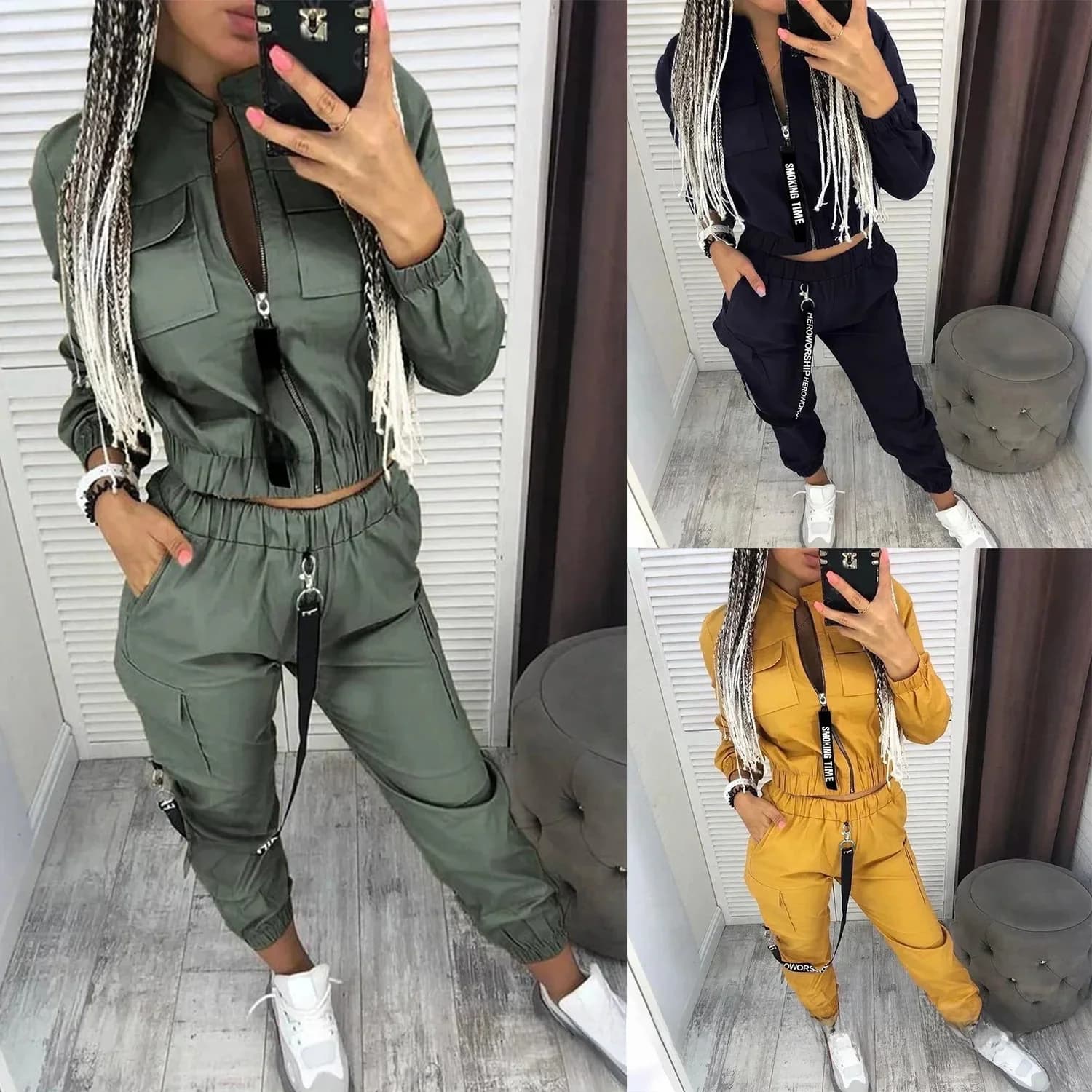 Nieuwe Damesmode Casual Herfst Winter 2 Stuks Kleding Set Zakken Met Rits En Lange Mouwen Elastische Taille Broek Cargo Effen Kleur