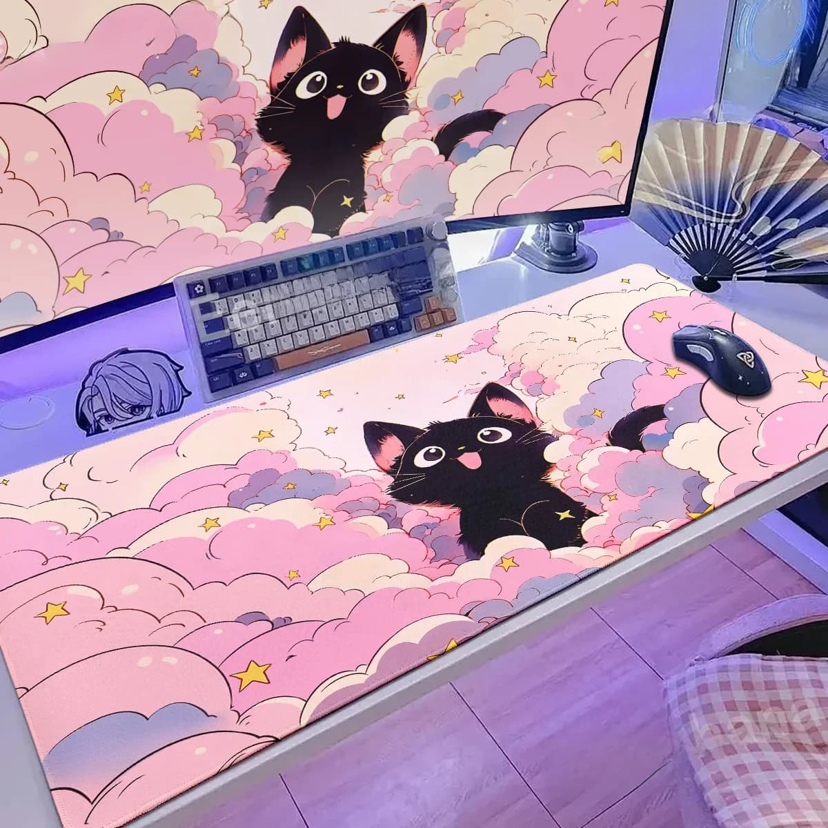 De Zwarte Kat Op De Wolken Toetsenbord Muismat Kawaii Art Style Patronen Roze Bureaumat Pc Gamer Kleed Kantoor Tapijt Thuis Tafelblok