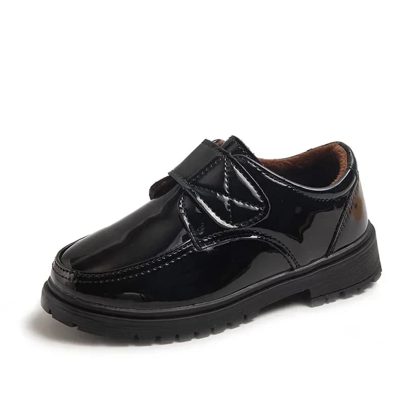 Kinderen Mode Leren Schoenen Jongens 2023 Klittenband Glanzend Eenvoudig Zwart Uniform Schoolschoenen Loafers Kinderschoenen Gratis Verzending