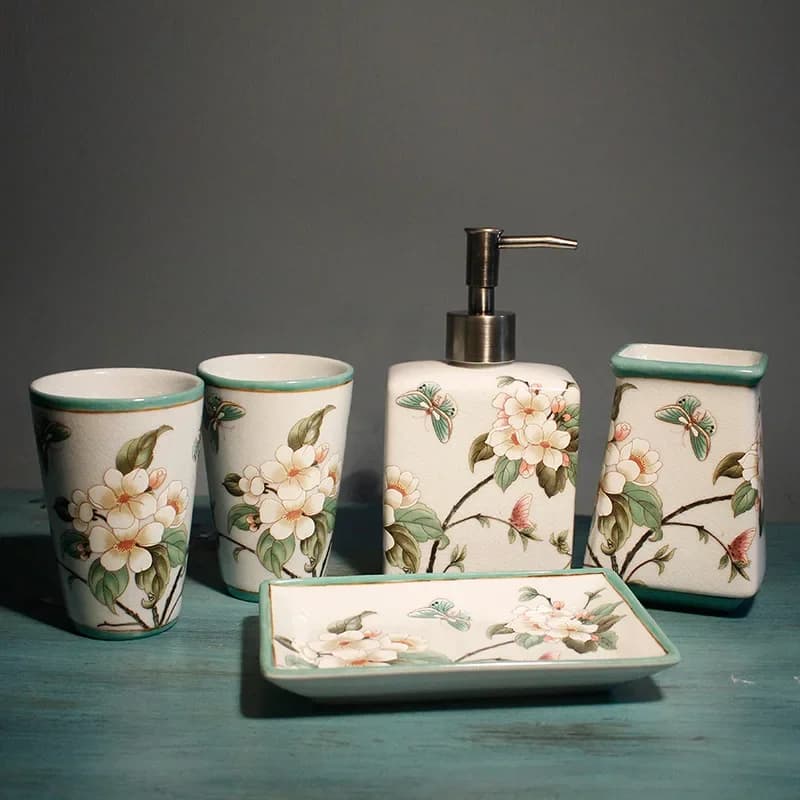 Bloemen Keramische Tandenborstelhouder Opbergfles Badkameraccessoires Bloemen Mondwater Beker Lotion Fles Badkamer Decor