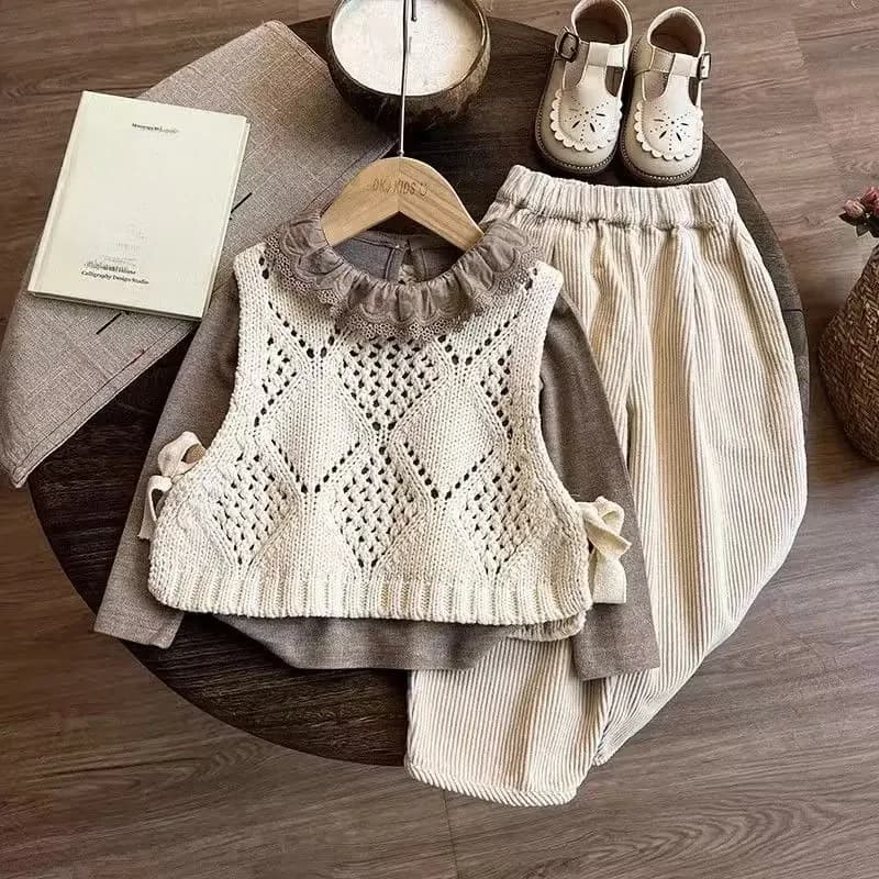 Gebreid vest voor meisjes Herfst nieuwe modieuze retro kinderbabymeisje losse broek Undercover 3-delige set