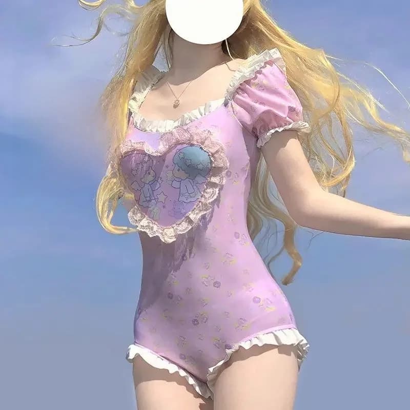 Kleine Tweelingster Cartoon Anime Eendelig Schattige Roze Overall Met Korte Mouwen Thermisch Lentebadpak Met Hoed Vrouwen Strandbaden