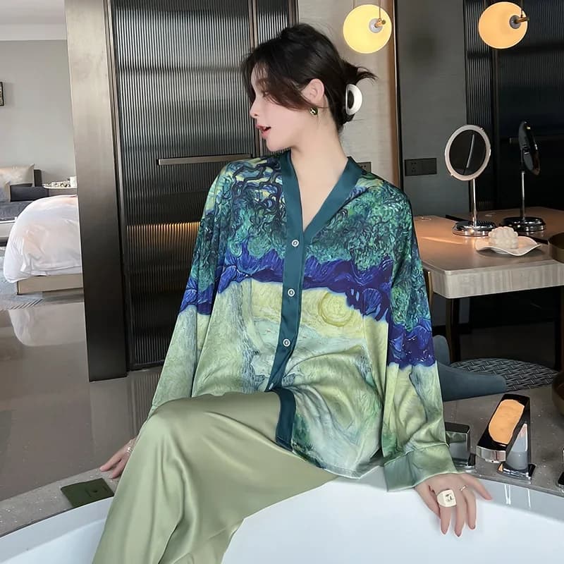 Lisacmvpnel Ijs Zijde Pyjama Vrouwen En Najaar Lange Mouwen Vest Hoge Kwaliteit Afdrukken Pak Pyjama