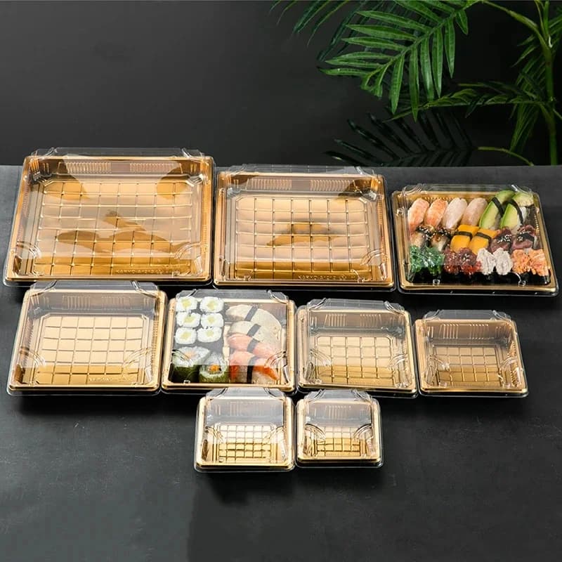 Wegwerpverpakkingsdoos, Rechthoekig servies, Gouden plaat, Papier met deksel, Zalm, Sushi, Hoogwaardige, voedselgereedschapscontainers