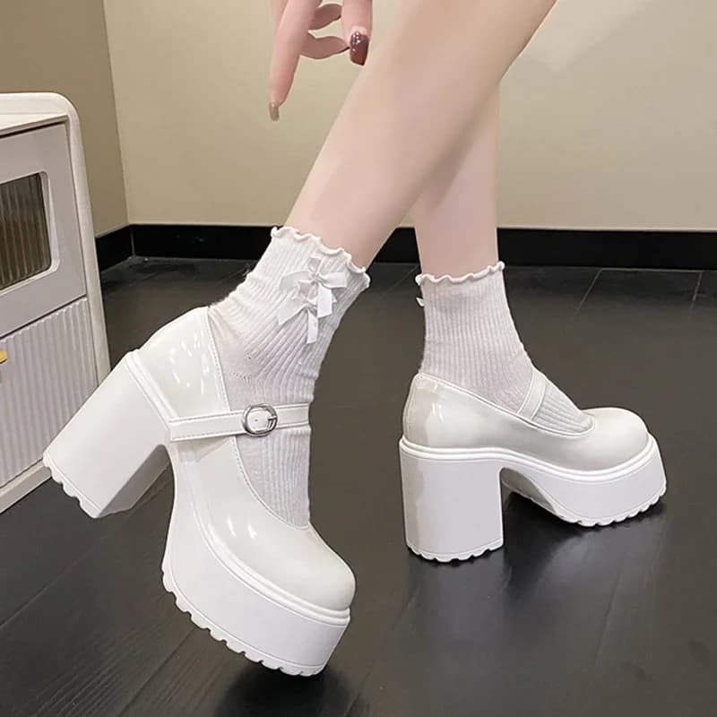 Chunky Platform Hoge Hakken Pompen Vrouwen 2023 Herfst Pu Lederen Enkel Gesp Mary Jane Schoenen Vrouw Dikke Hakken Witte Lolita schoenen
