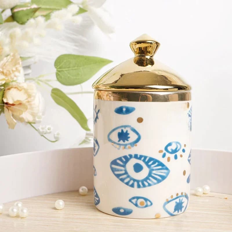 Europese Keramische Blauw Opslag Jar Eye Print Geurkaars Jar Slaapkamer Sieraden Cosmetica Ring Box Delicate Moer Opslag Container