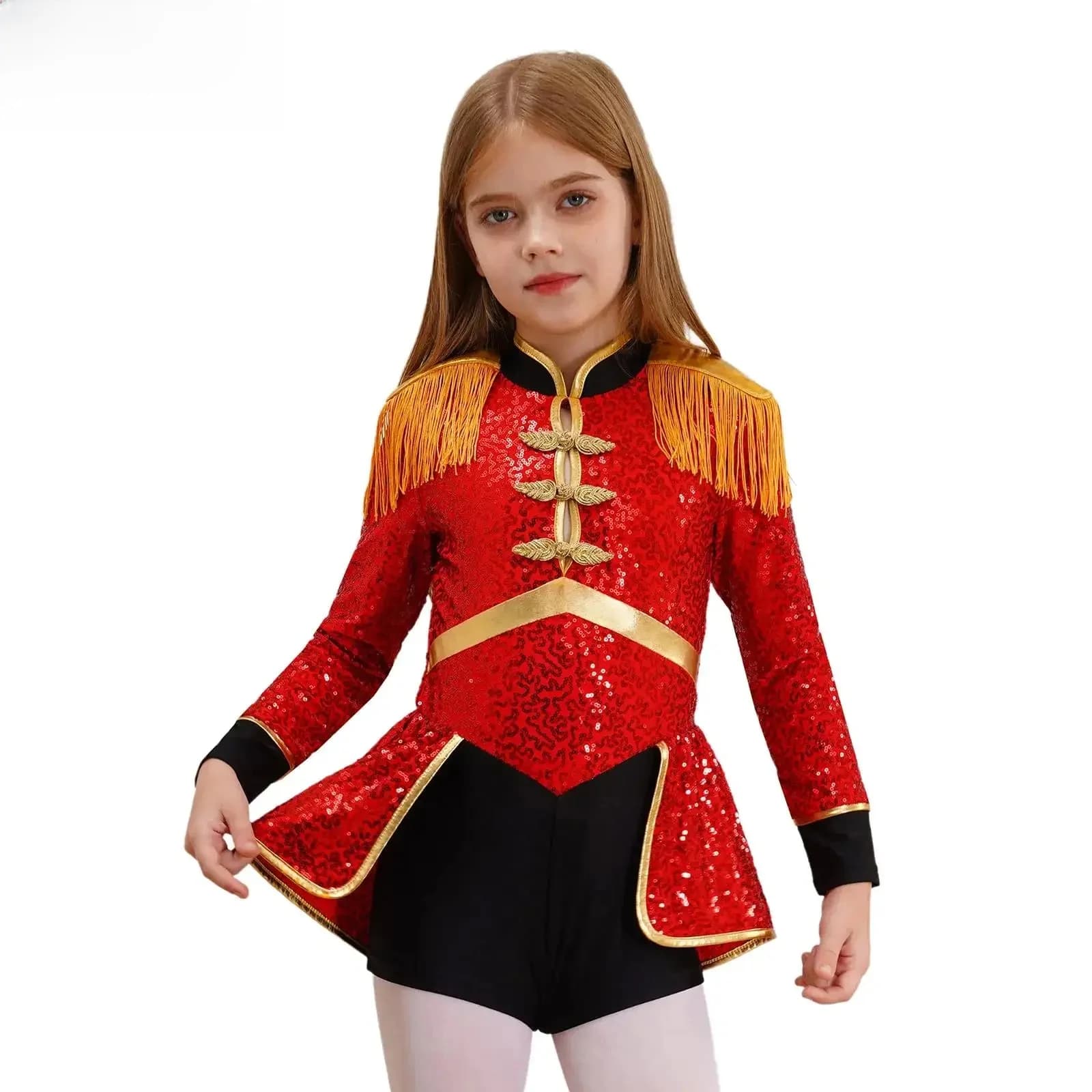 Meisjes Circus Ringmeester Goochelaar Marching Band Drummer Showman Cosplay Kostuum Fringe Pailletten Bodysuit Halloween Leeuwentemmer Jurk